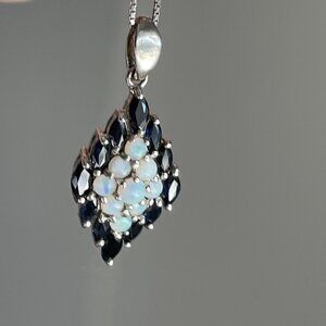 Opal and Multi Sapphire Gems Cluster Necklace Pendant 925 Sterling